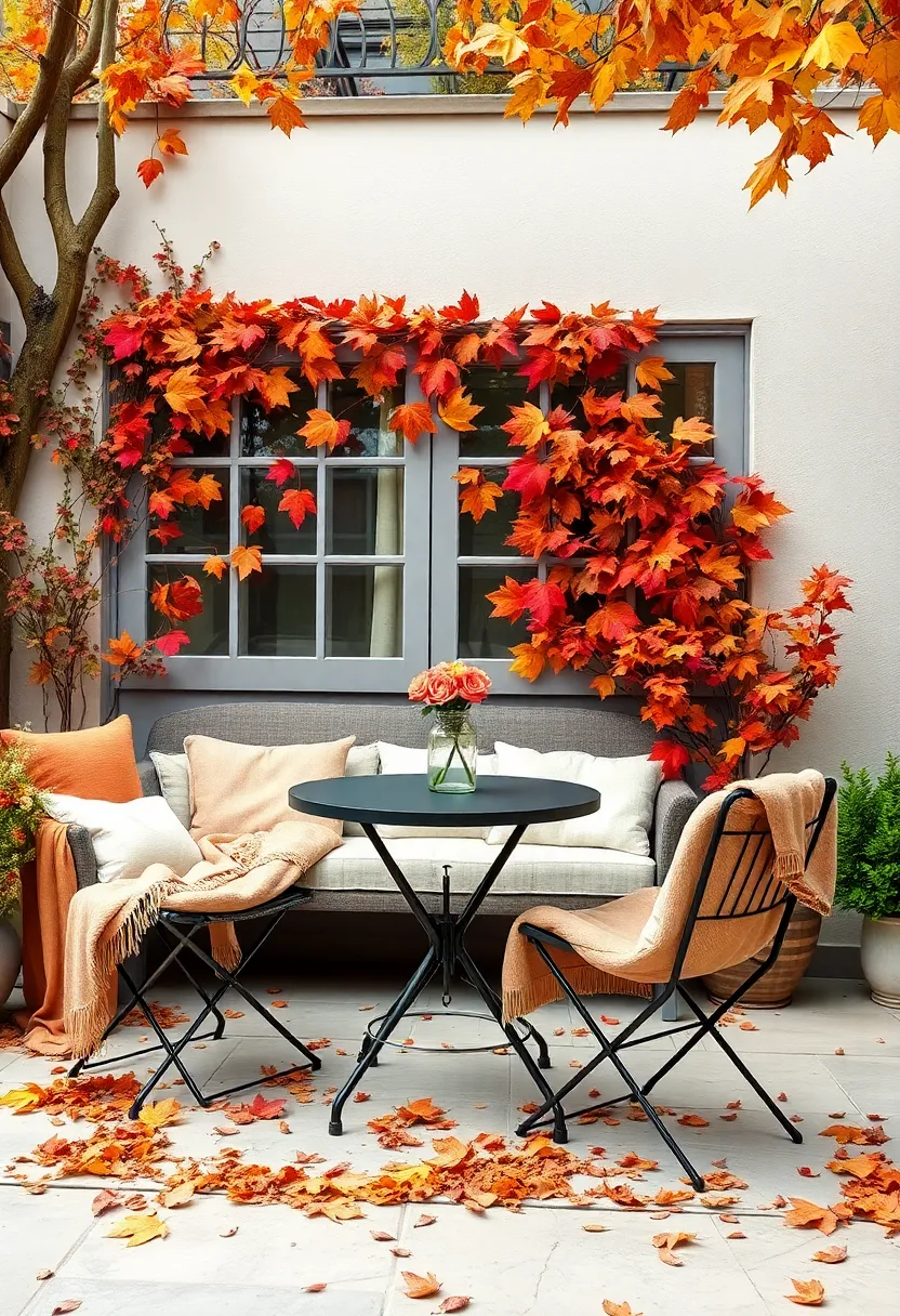 Seasonal Flair in a Patio Setting with Rustic​ Bistro Set Draped in Autumn‍ Leaves and Warm Linen ‍Throws