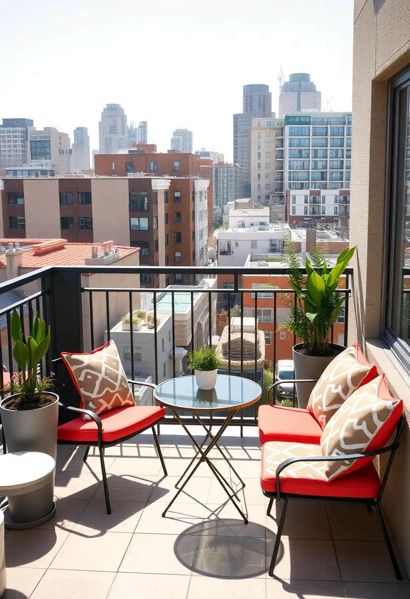 Sunny Urban Balcony with Compact Bistro Seating and Bold Geometric ⁣Cushions Overlooking Cityscape