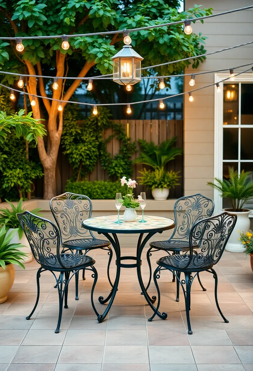 Vintage-Inspired Bistro‍ Arrangement showcasing Wrought Iron ​Chairs and a Mosaic Tile Table Under String Lights