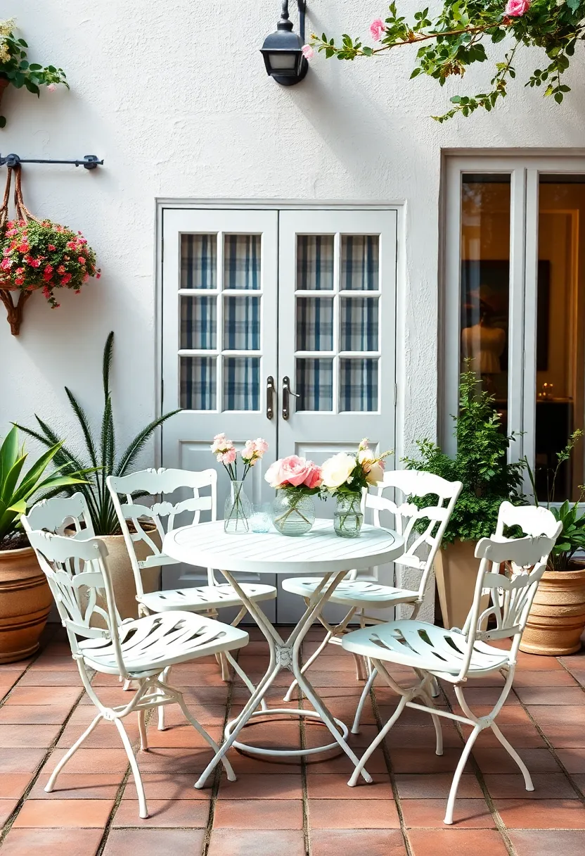 Whimsical Outdoor Dining Area Highlighting Pastel Bistro Furniture and Delicate ⁢Floral Centerpieces