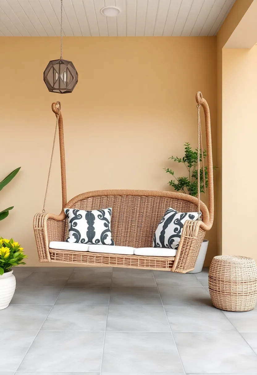 Cozy Wicker Swing Chair: ​Bring a sense of whimsy to your outdoor space​ with a cozy swing chair that sways gently in the breeze