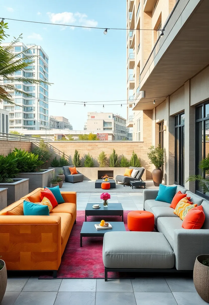 Arrangements of Modular Sectionals with Bold Primary Colors‍ Set in an Open Urban Patio Space