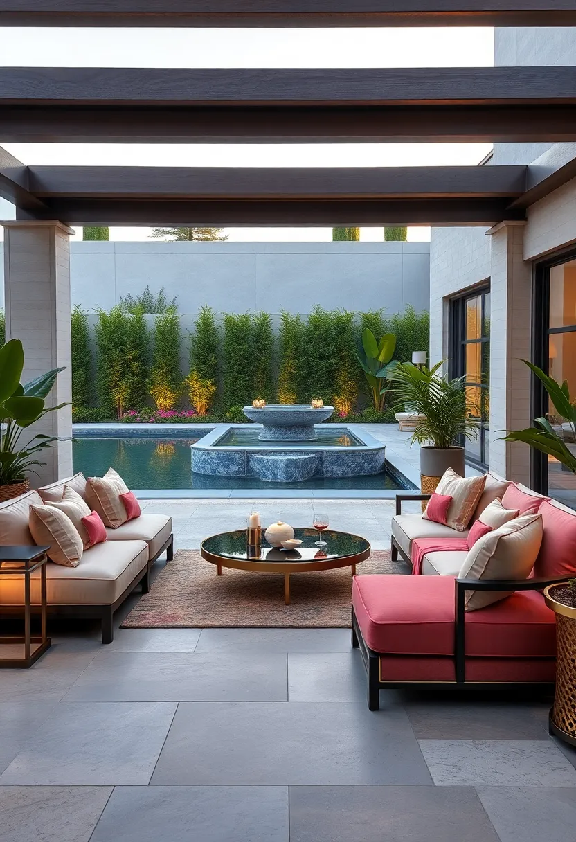 Art Deco Patio Lounges Emphasizing‍ Gold Details and Velvet Upholstery Against a Reflective Water Feature