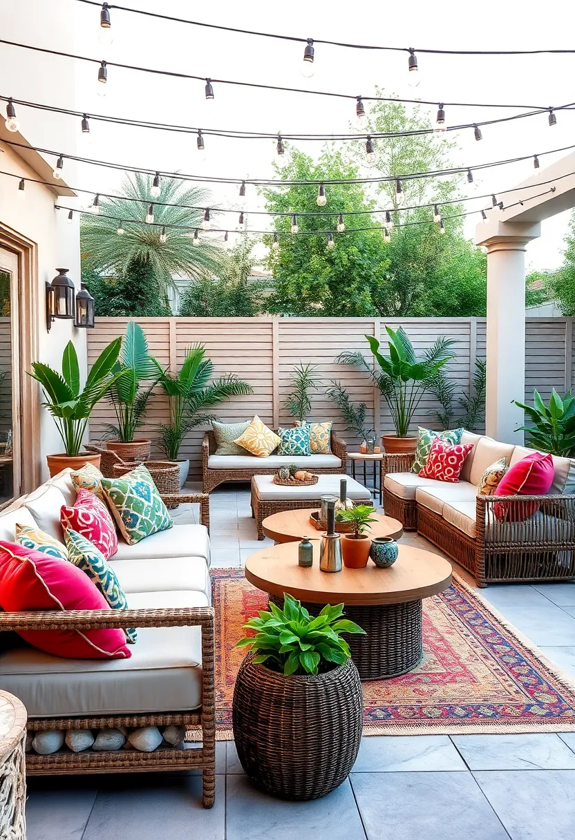 bohemian Chic Patio Seating Arranged⁢ with Colorful Pillows and Woven ⁢Textures Under String Lights