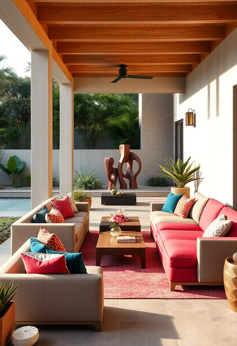 Bold ⁤Color-Blocked Sectionals Creating Visual Interest in Contemporary Gardens with Sculptural Elements