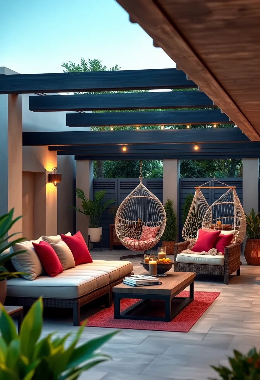 Casual Lounge Sets with‌ hammock​ Chairs and Layered Fabrics Nestled in a​ Shaded pergola Space