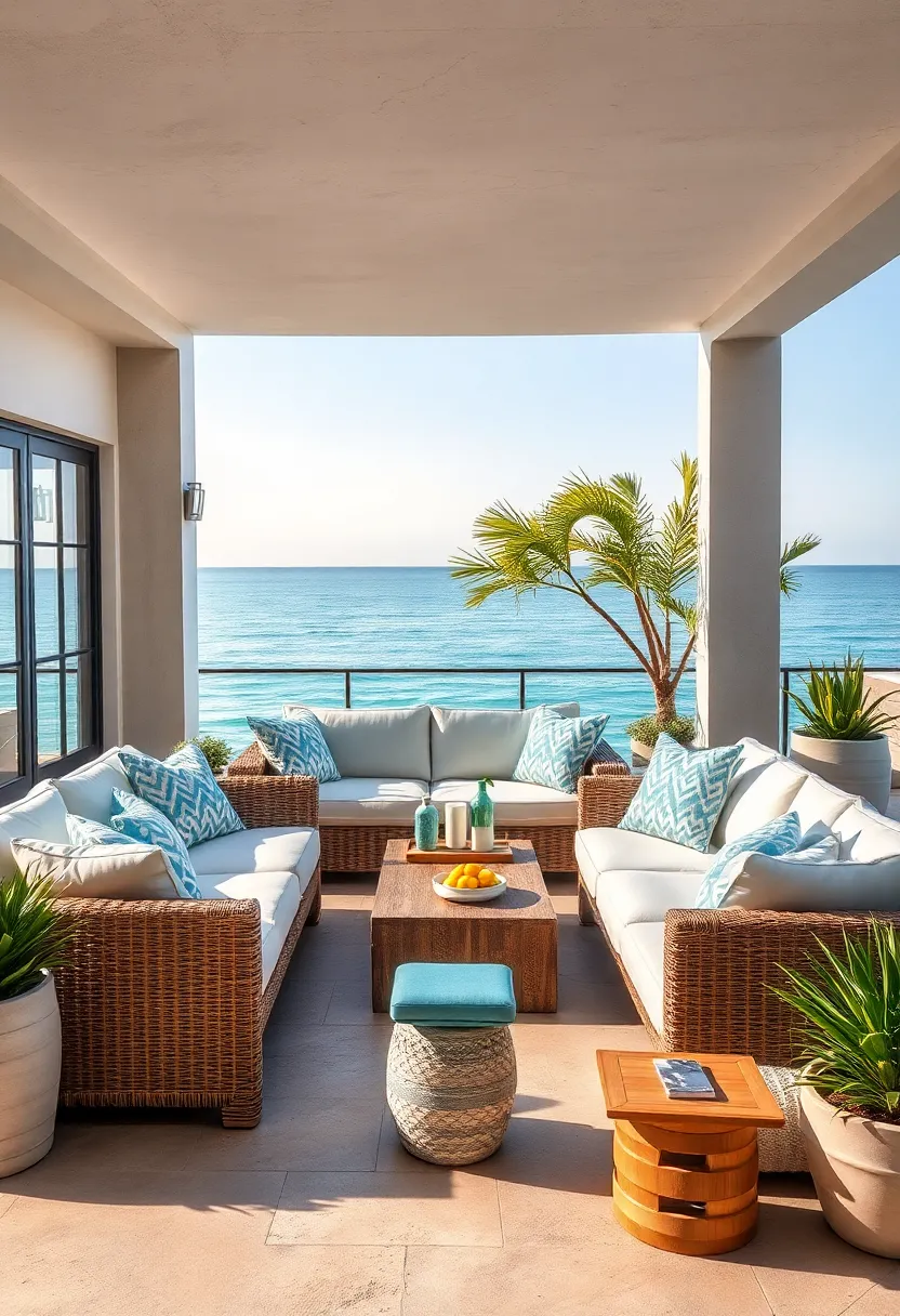 Coastal Inspired​ Patio lounges⁣ with Light Blue Cushions and ‌Nautical Decor Overlooking a Calm Ocean view