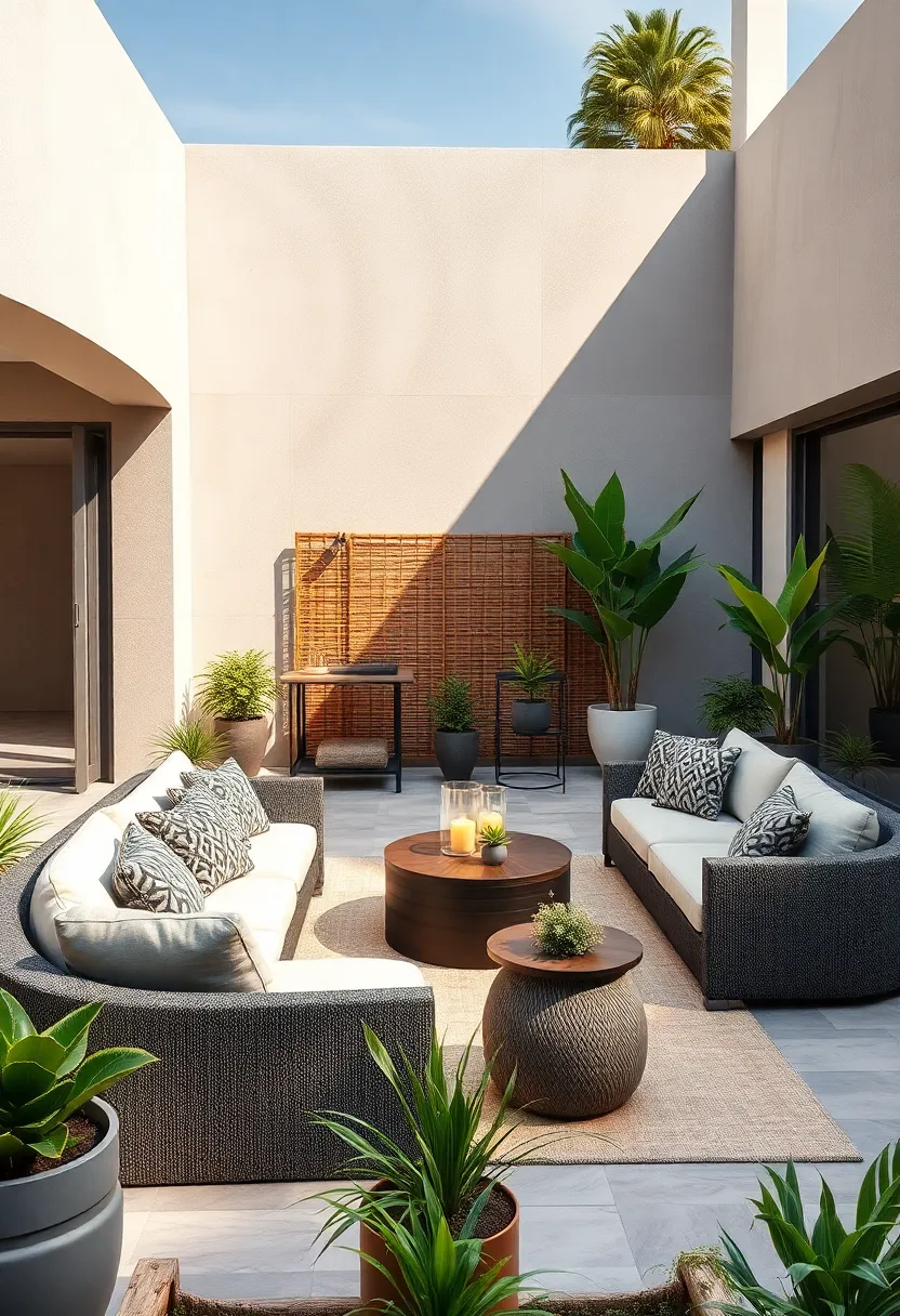 Compact and Curved Sectionals Perfect⁤ for Small Patios Decorated with Potted Plants and Bamboo Screens