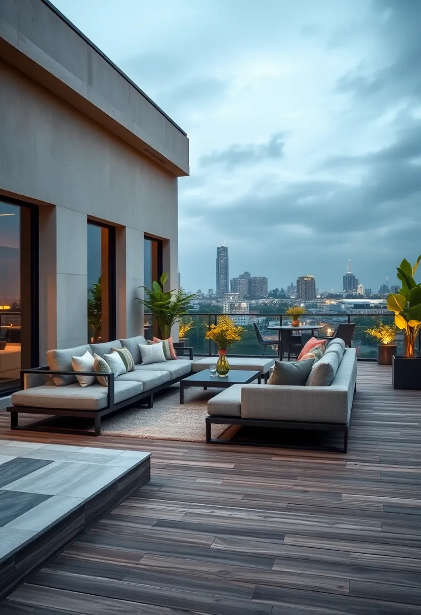 Contemporary Floating Sectional Arrangement Over a Wooden Deck with ⁣Glass Railings and ⁣City Lights