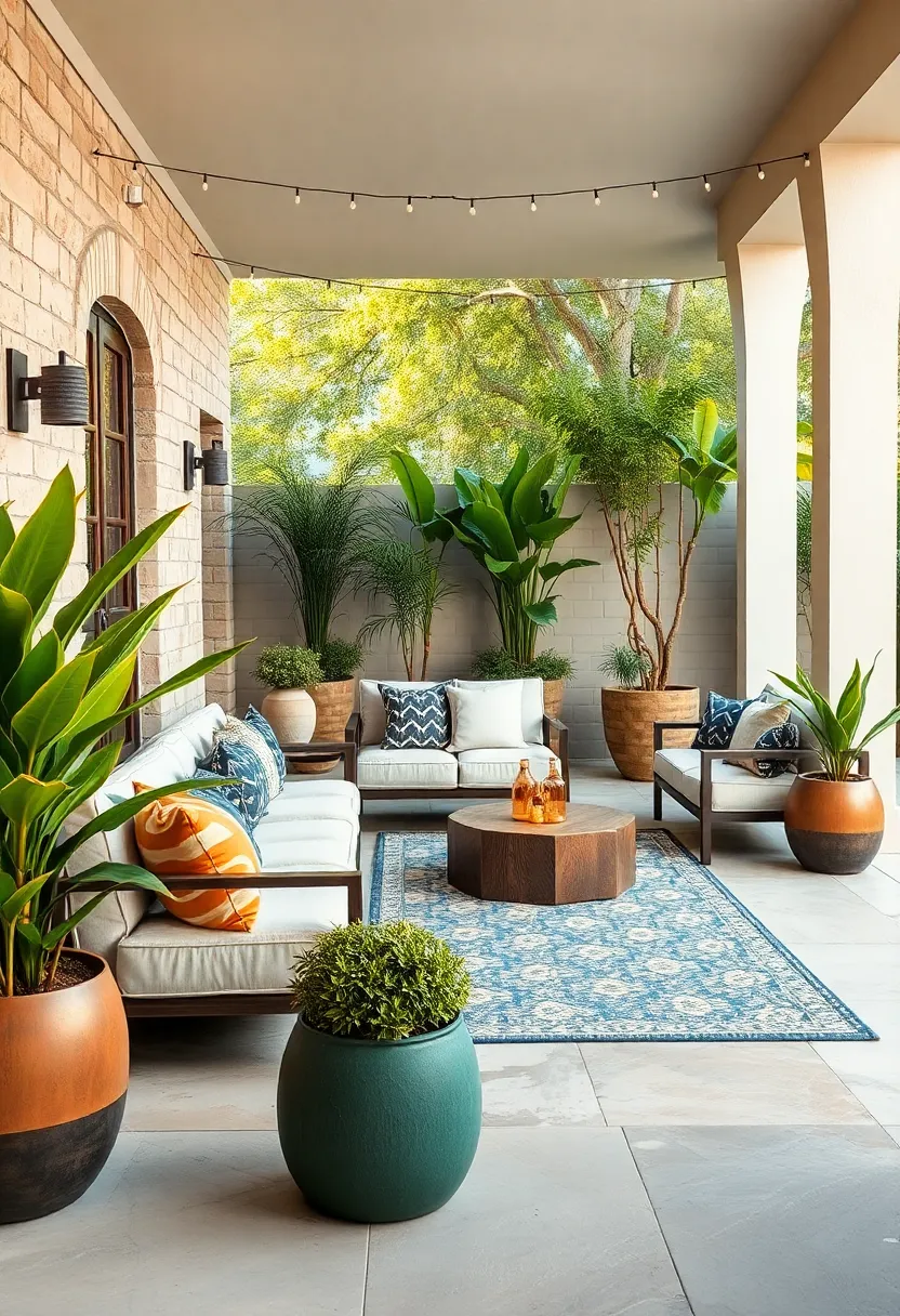 Eclectic Mix of Vintage and Modern Cushioned Lounges Highlighted by Patterned ‍Rugs and⁢ Quirky Planters