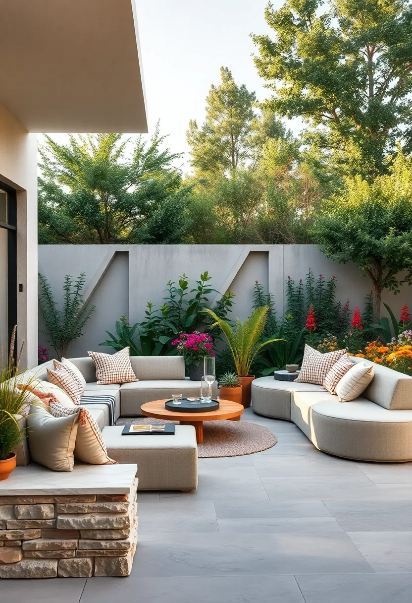 Gardenside Lounges Featuring Curved Benches ⁢with Soft,⁣ Layered Textiles Against ​a‍ Backdrop of Wildflowers