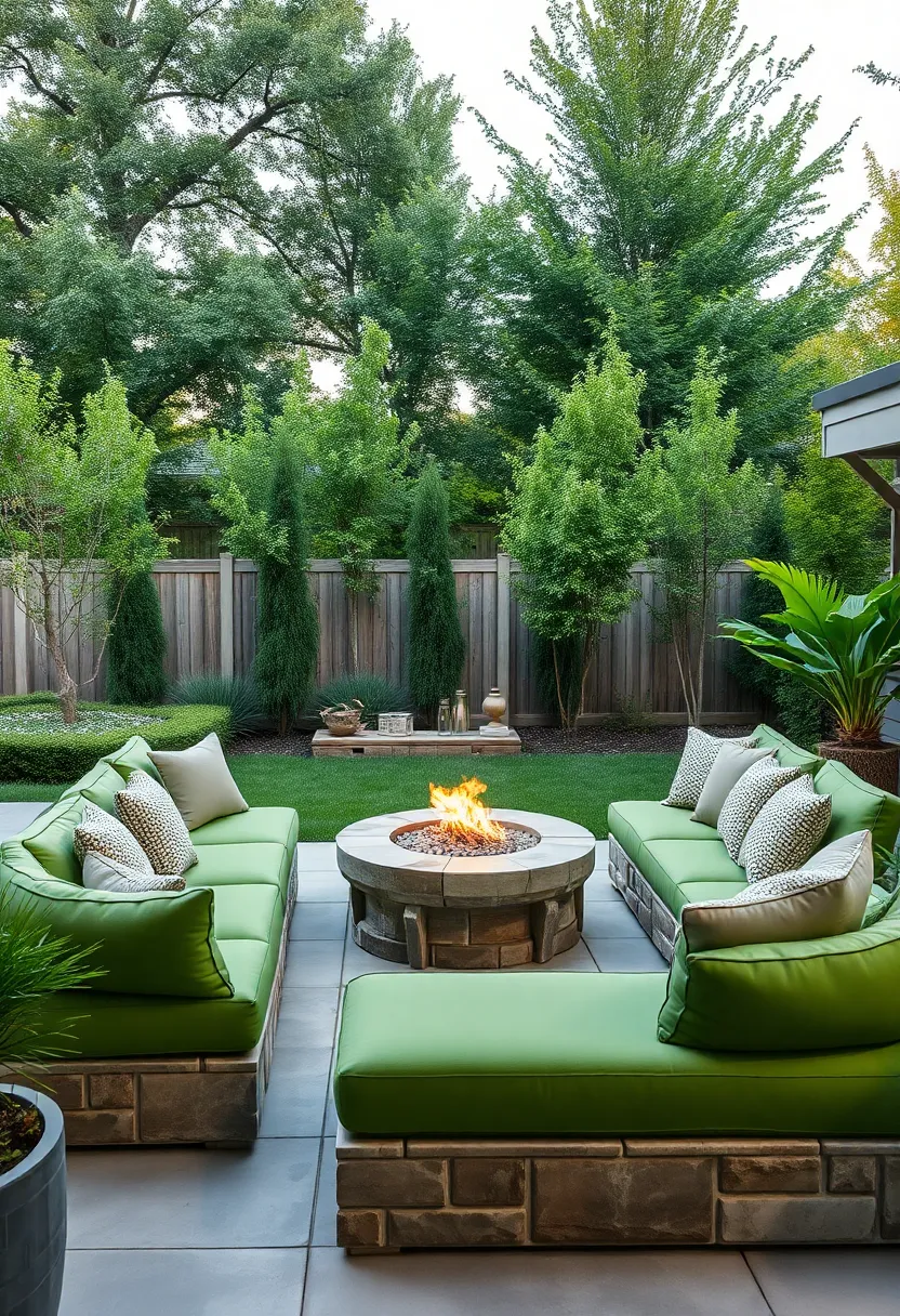Lush ⁣Green Backyard ⁤Sectionals Curved Around a Fire Pit with Earth-Toned pillows ⁣and Stone Accents