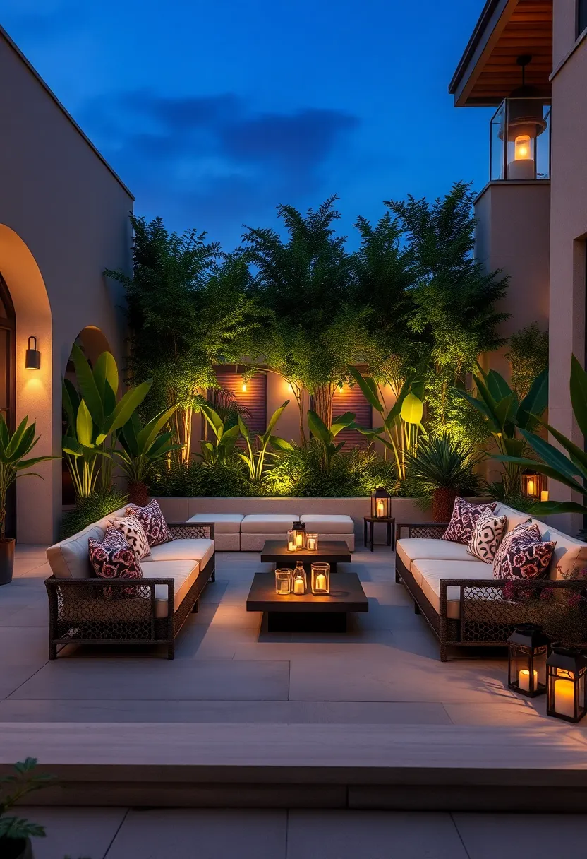 Luxurious Sunken Lounge Spaces ​Surrounded by lush⁣ Greenery and Ambient Lantern⁣ Lighting