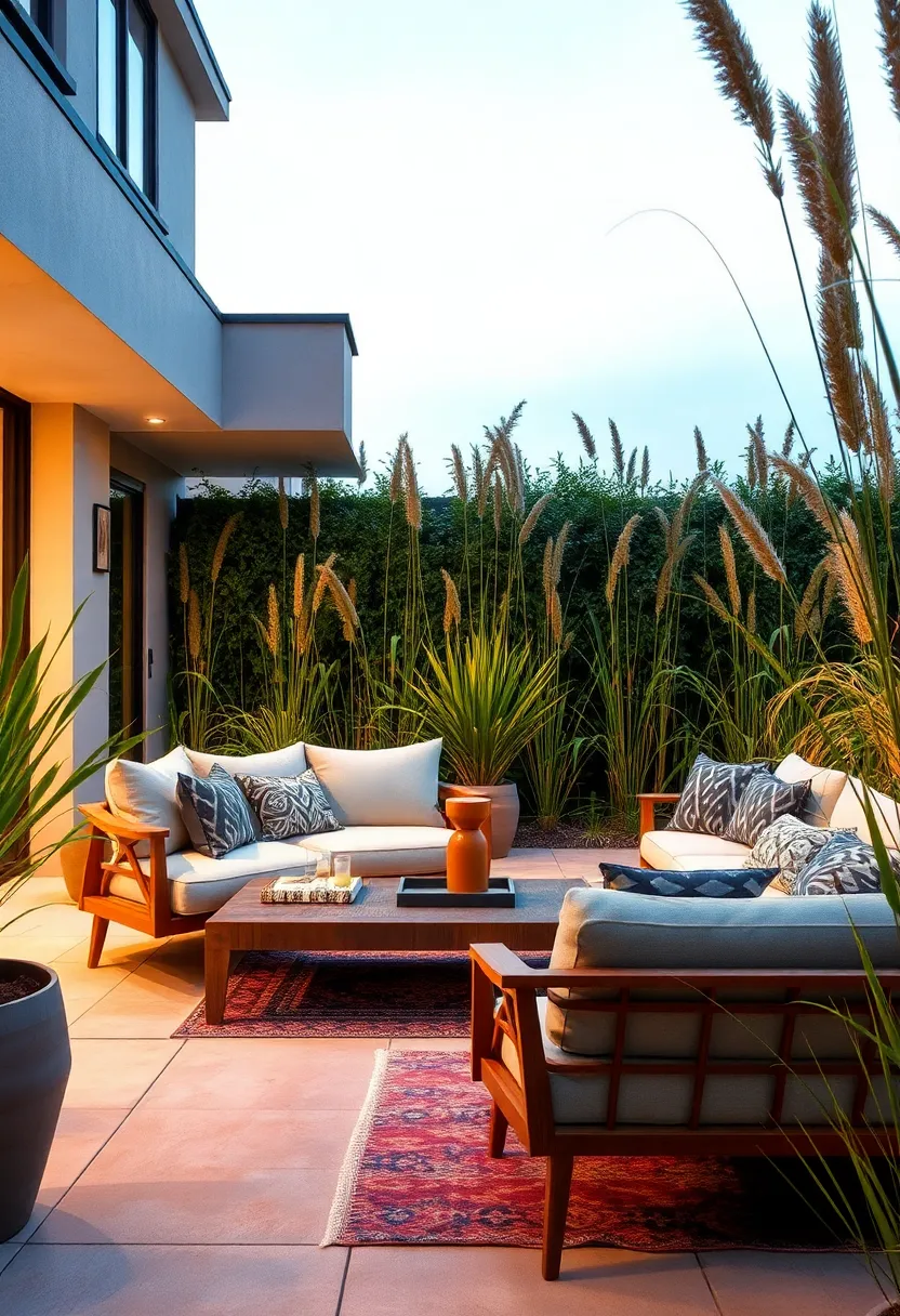 Mid-Century Modern Outdoor Lounges with Tapered Legs​ and Geometric ‍Patterns Framed by Tall ⁢Grasses