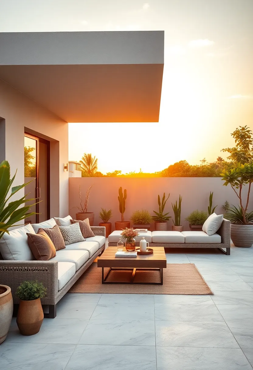 Modern Minimalist ​Outdoor Lounges Featuring⁣ Sleek Lines and Neutral Tones Against a Sunset Backdrop