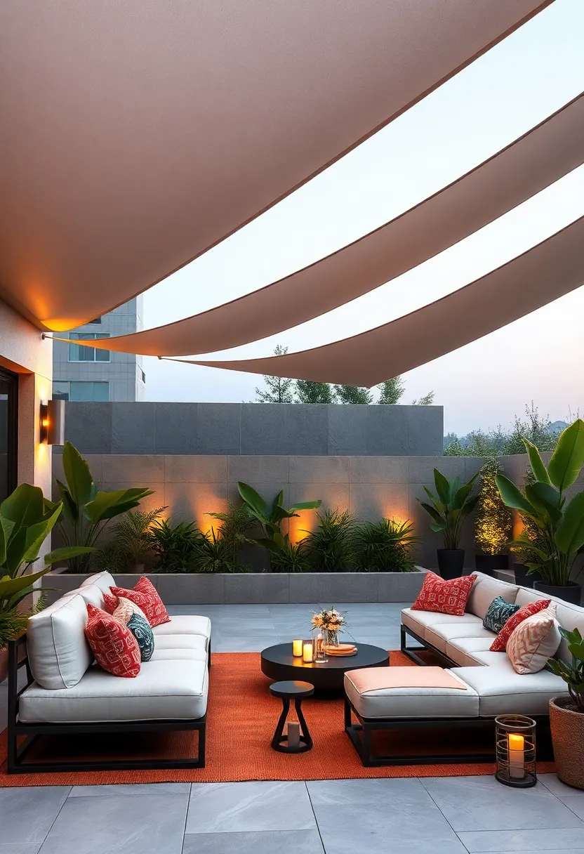 Outdoor Lounges with Integrated Shade Sails and Ambient Lighting Framed By Sculptural Plantings