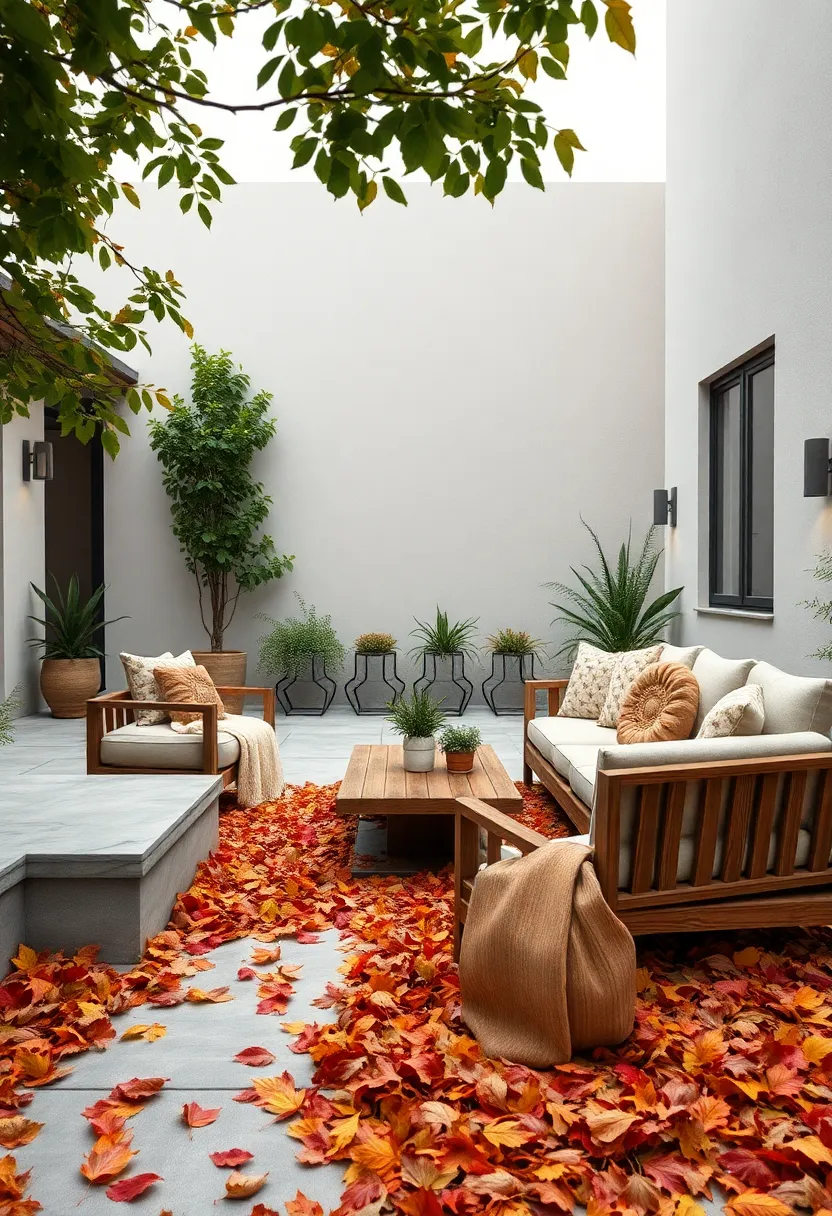 Rustic ⁣wooden Sectional Seating Set Amidst Autumn Leaves with Soft Throws and Earthy ‍Accents