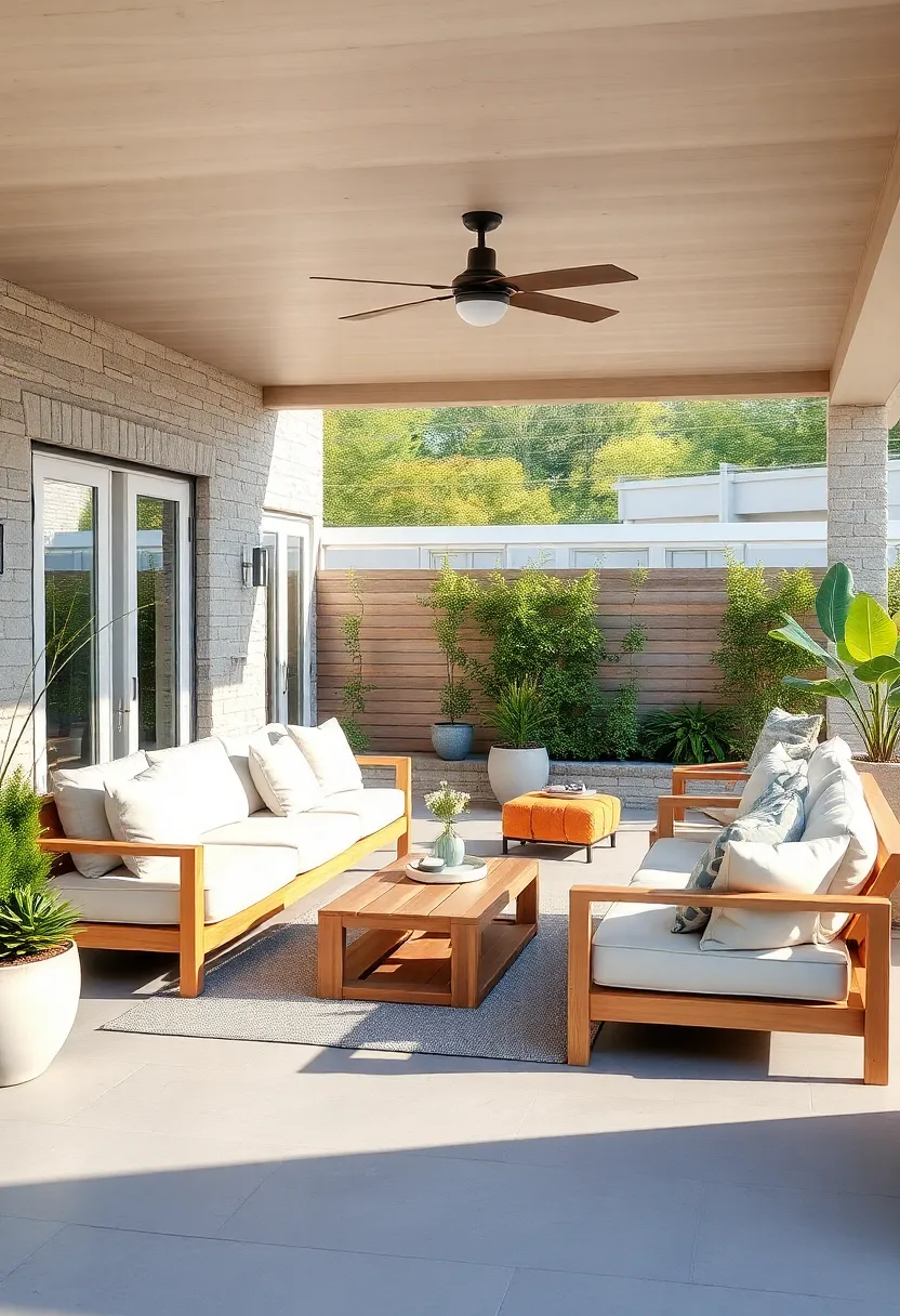 Scandinavian design Outdoor‌ Lounges with light Wood and crisp White cushions highlighted by Soft Natural Light