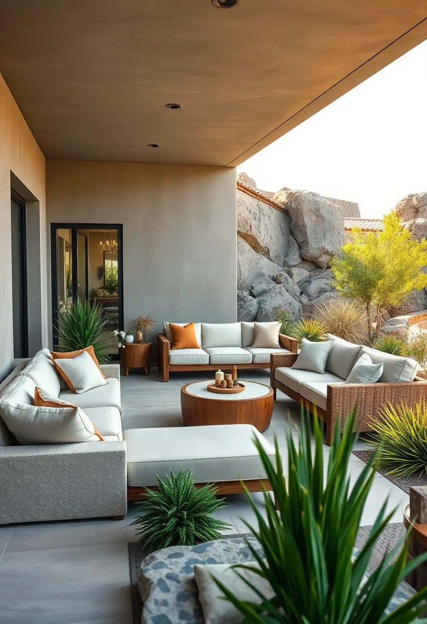 Soft Neutrals⁢ and Organic Shapes Combining in Patio Lounges Surrounded by Rocky Landscape and Drought Resistant Plants