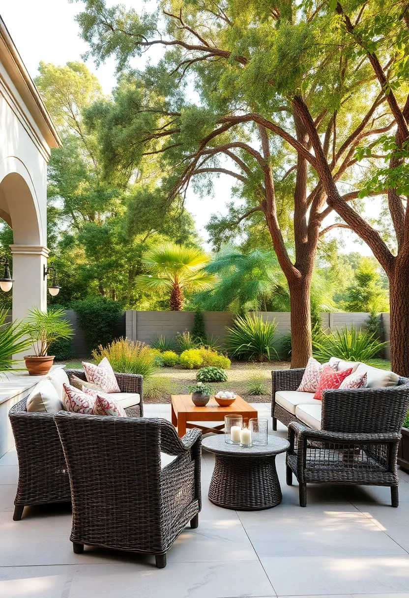 Traditional Wicker Sectional Lounges with Neutral Cushions and Classic Pillows ⁢Under Towering Trees