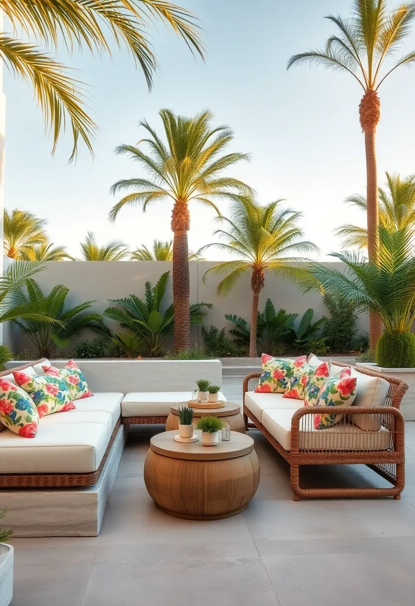 Tropical Inspired Lounges‌ with Rattan frames and Bright ​Floral Pillows Surrounded by Palm Trees