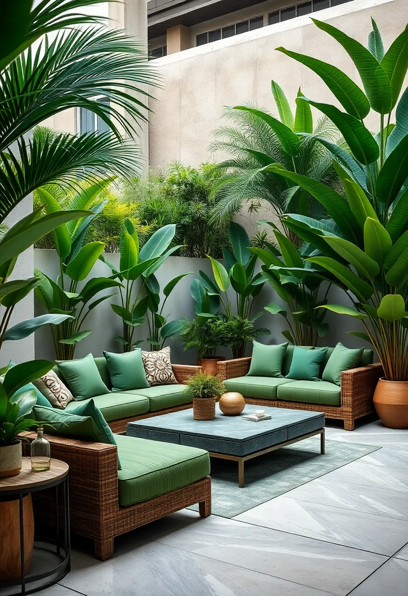 Urban Jungle Patio Lounges With Deep Green Cushions and Abundant Tropical Plants For‍ Privacy and ​Style