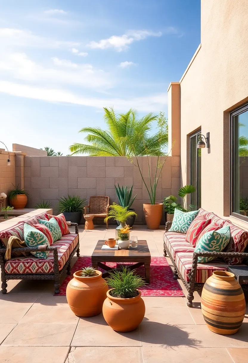 Vibrant Southwestern Sectional seating⁤ Featuring bold Patterns and Terracotta ⁣Pots Beneath a Clear Sky