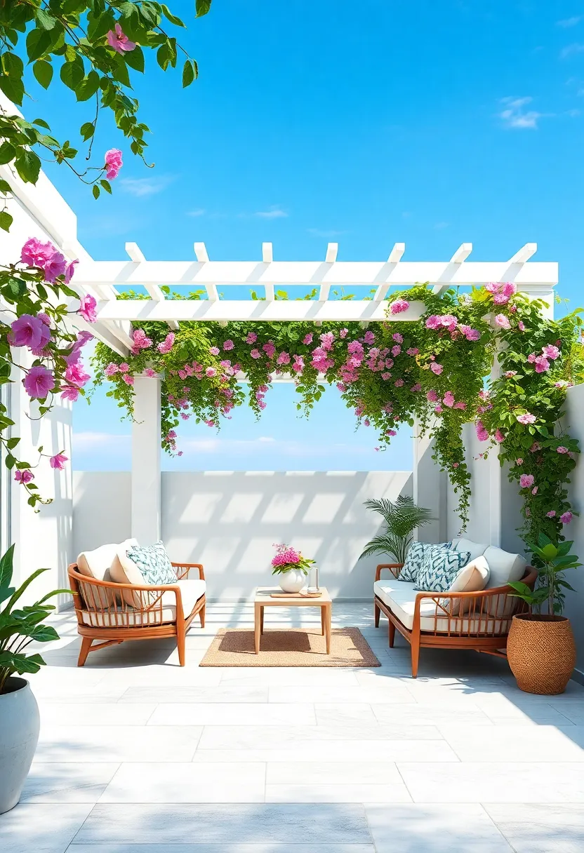 Bright and Airy Patio Space with White Pergola Draped in Blooming Clematis Against a Clear Blue Sky