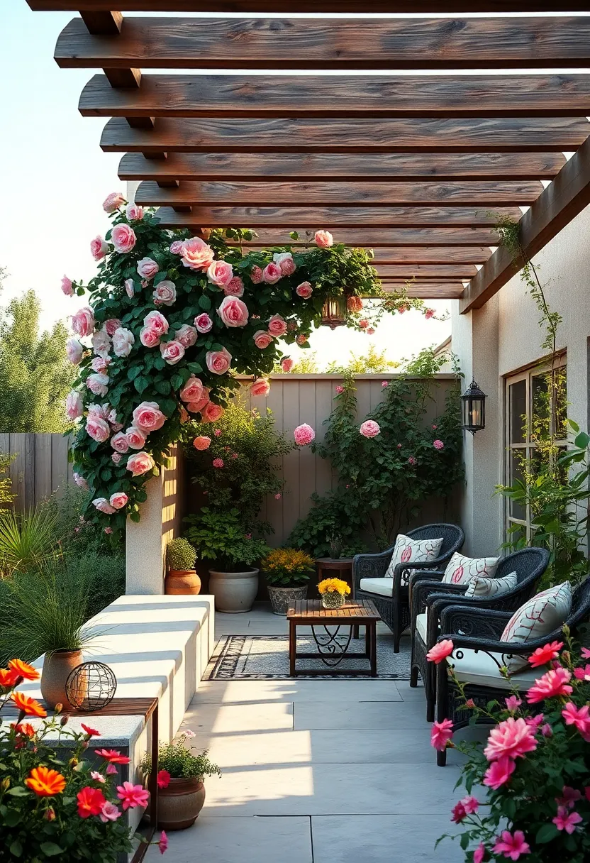 Charming Cottage-Style Pergola Wrapped in Climbing Roses Set Amidst an Abundant Wildflower Garden