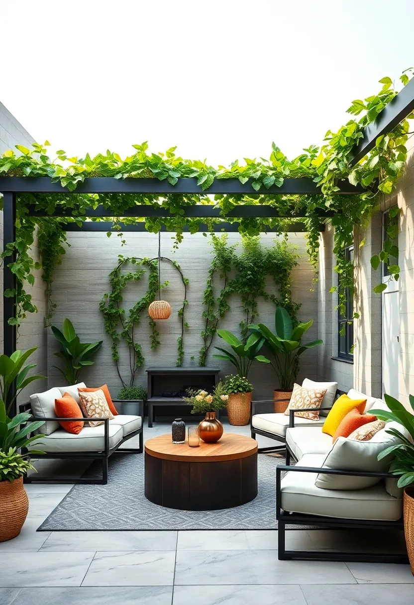 A Contemporary Urban ⁢Patio with steel Pergola and Bold Green‍ Vines Complemented by Minimalist Outdoor Decor