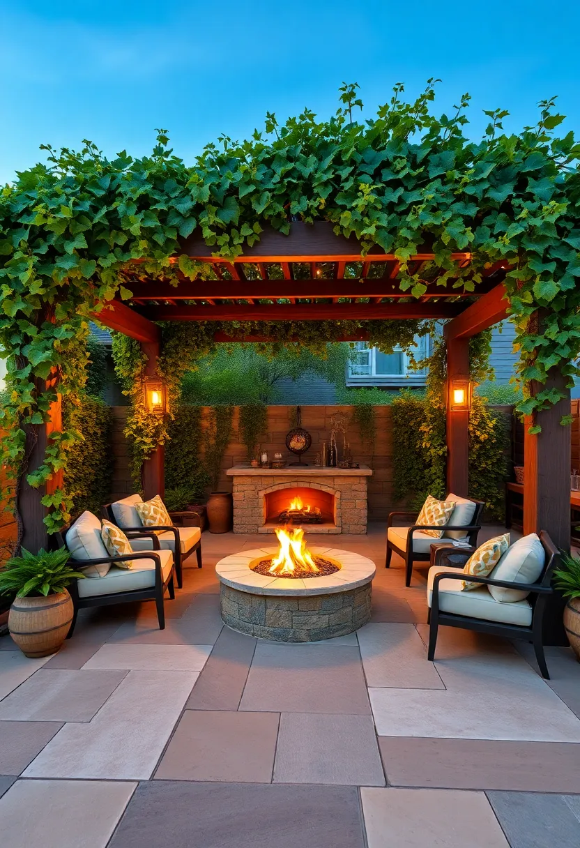 Cozy​ Fire Pit Patio Encircled by Pergola Shaped by ivy and Grape Vines Creating a warm Enclosed Retreat