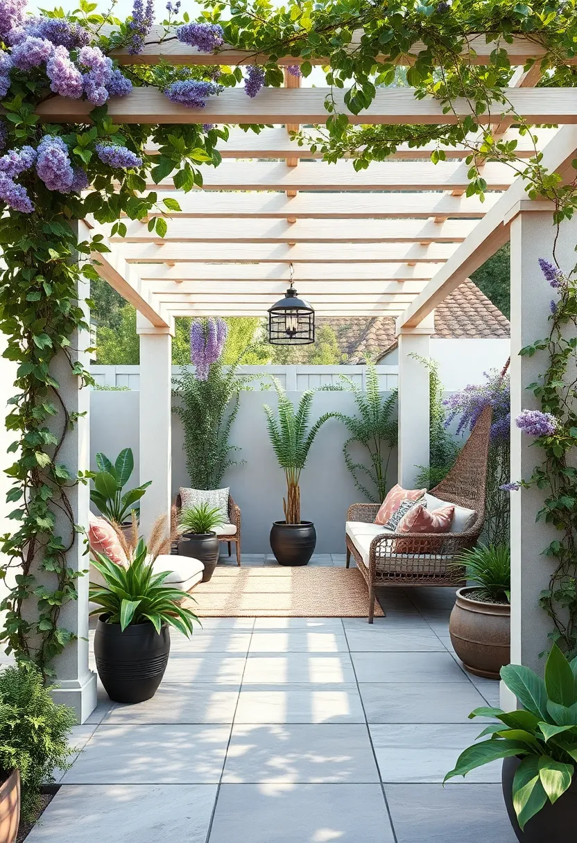 A Cozy⁣ Pergola Corner Surrounded by Lavender⁤ and Jasmine vines with hammock Seating for Peaceful relaxation