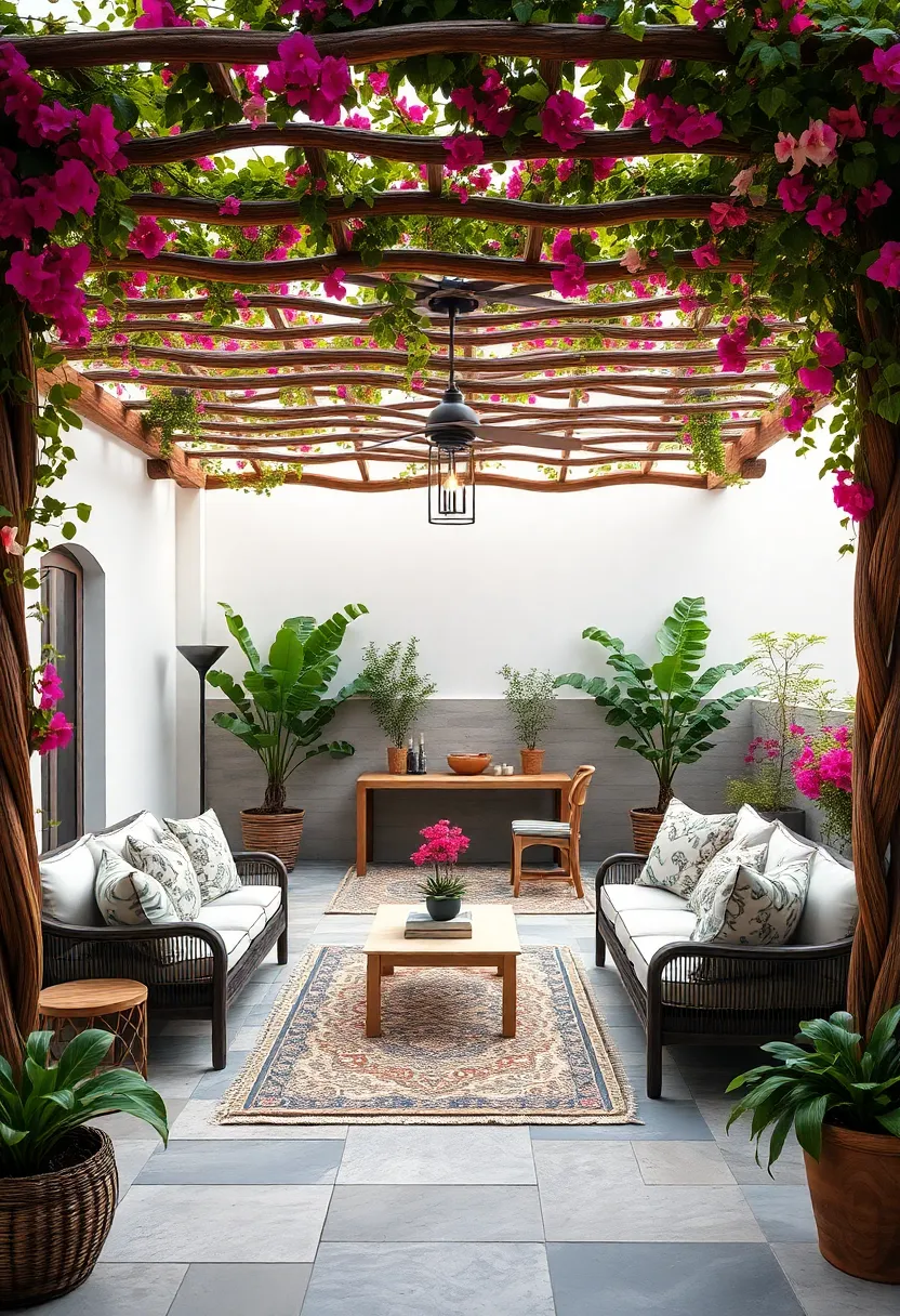 Inviting Bohemian Patio Enclosed by Twisted Wooden Pergola Covered in Colorful Bougainvillea Vines