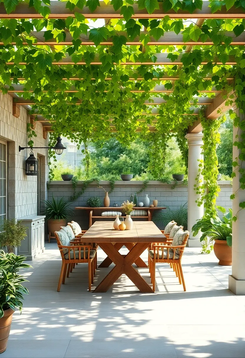 Lush ⁤Green Canopy Created by Vines Draping Over a Pergola, Framing a Rustic Wooden Dining Table in nature