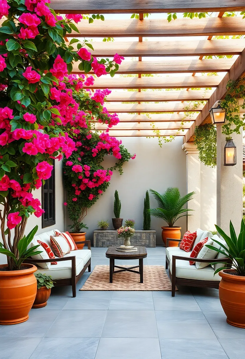 A Mediterranean Inspired Patio with Pergola Clad in ‌Vibrant bougainvillea Flowers and Terra Cotta Planters