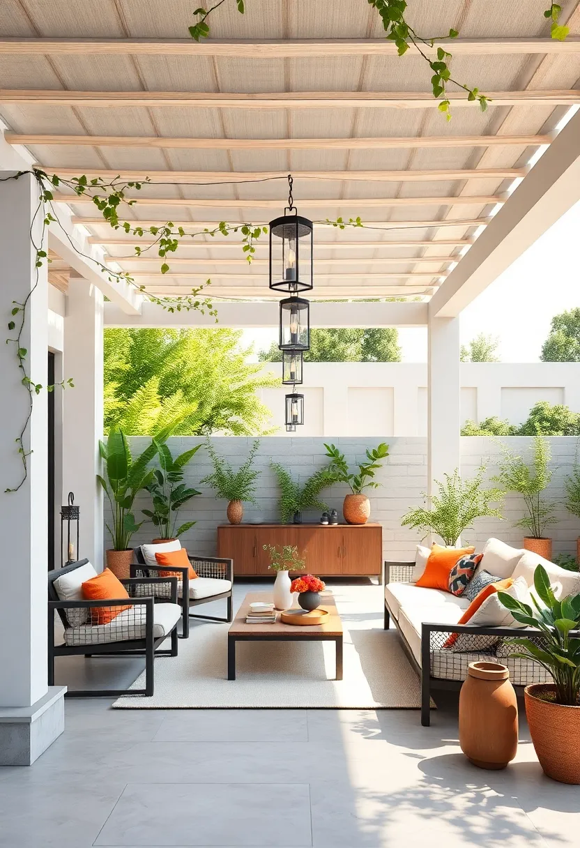 A Modern Minimalist patio Showcasing​ Sleek Pergola Lines adorned with Delicate Climbing Vines and Hanging Lanterns