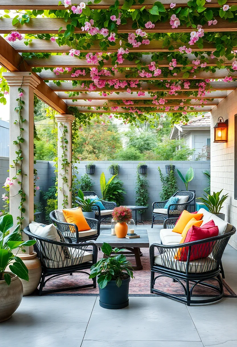 Playful Butterfly Garden with Pergola Wrapped in Sweet Pea Vines ⁣and Brightly Colored outdoor Pillows