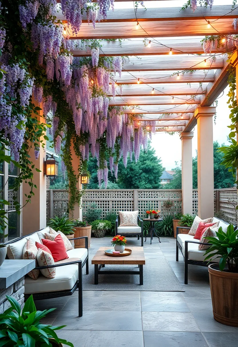 Romantic Evening ‌under a Pergola Wrapped in ⁤Wisteria with Twinkling Fairy Lights and Comfortable Seating