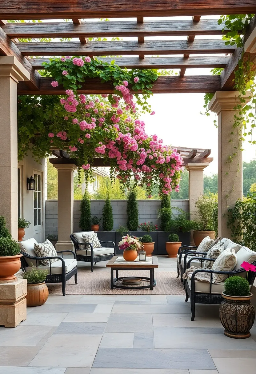 Rustic Charm of an Outdoor Space⁣ Featuring Weathered Pergola Beams Entwined with Cascading⁢ Flowering Vines