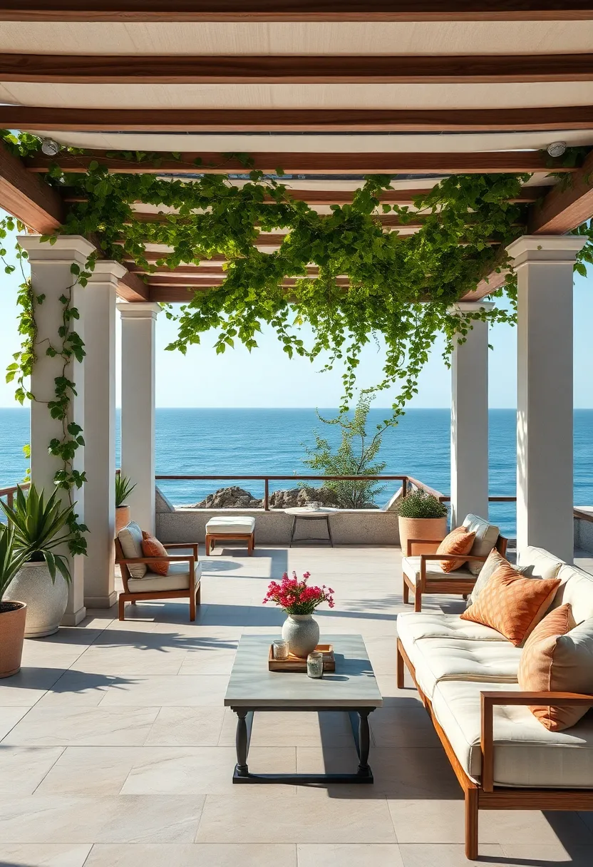 Seaside Inspired Patio with Pergola Draped in Flowing Passion Vines Overlooking a Calm Ocean Horizon