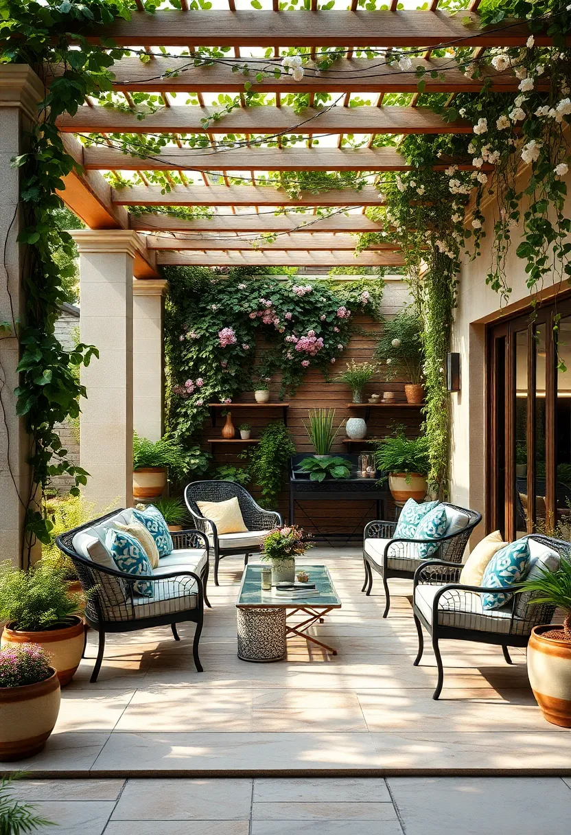 Secret Garden Vibe Featuring Pergola Covered in jasmine and Honeysuckle with Vintage Garden Furniture