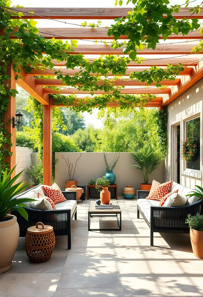 A​ serene Patio Oasis Bathed in Soft Natural Light with a ‍Wooden Pergola Wrapped in Vibrant Green ⁤Vines