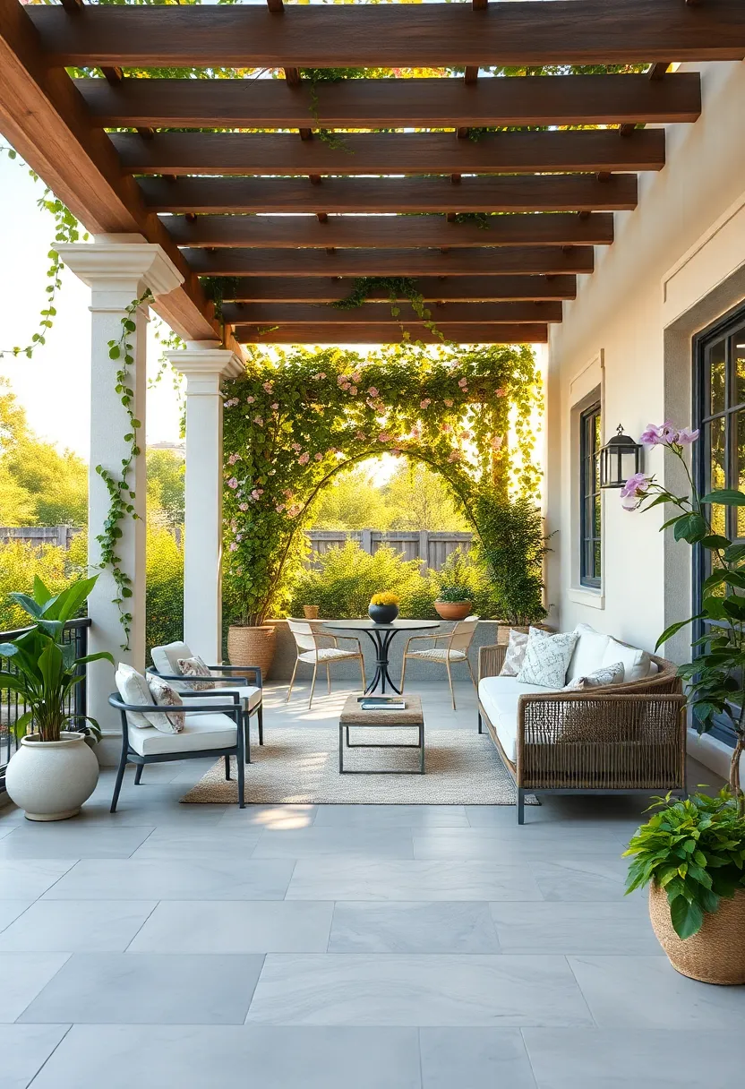 Soft morning ⁤Light Filtering through Pergola Wrapped in Gardenias and Clematis with Minimalist Seating Arrangement