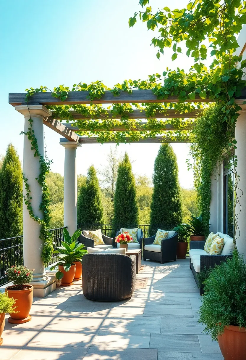 A Sun-Dappled Pergola Amid Tall trees,Wrapped in delicate Climbing Plants and surrounded⁤ by Potted Herbs