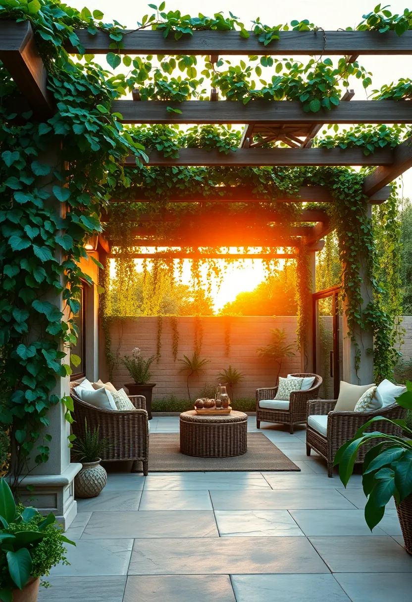 Sunset Glow Filtering Through Lush Ivy Draped Over‍ a Cozy Pergola with Wicker Furniture and Earthy Tones