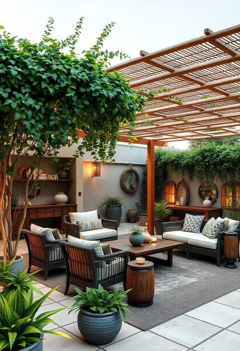 Tranquil Zen Patio‌ Retreat Featuring Bamboo Pergola Structures⁢ Covered in Soft Green Creepers