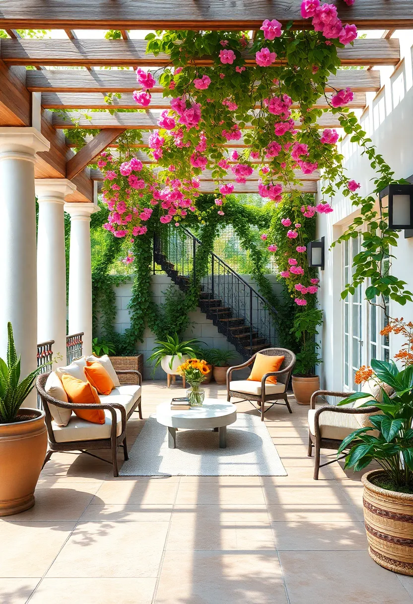 A Vibrant Garden Patio Bursting ‍with ‍Colorful Blossoms Climbing a Classic Pergola Alongside Natural Stone Flooring