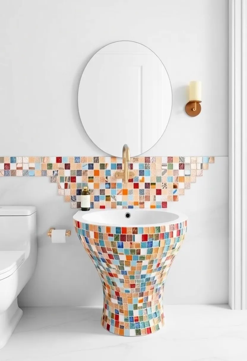 Mosaic Masterpieces: Use a basin adorned with mosaic tiles to add texture and vibrant colors, creating a focal point
