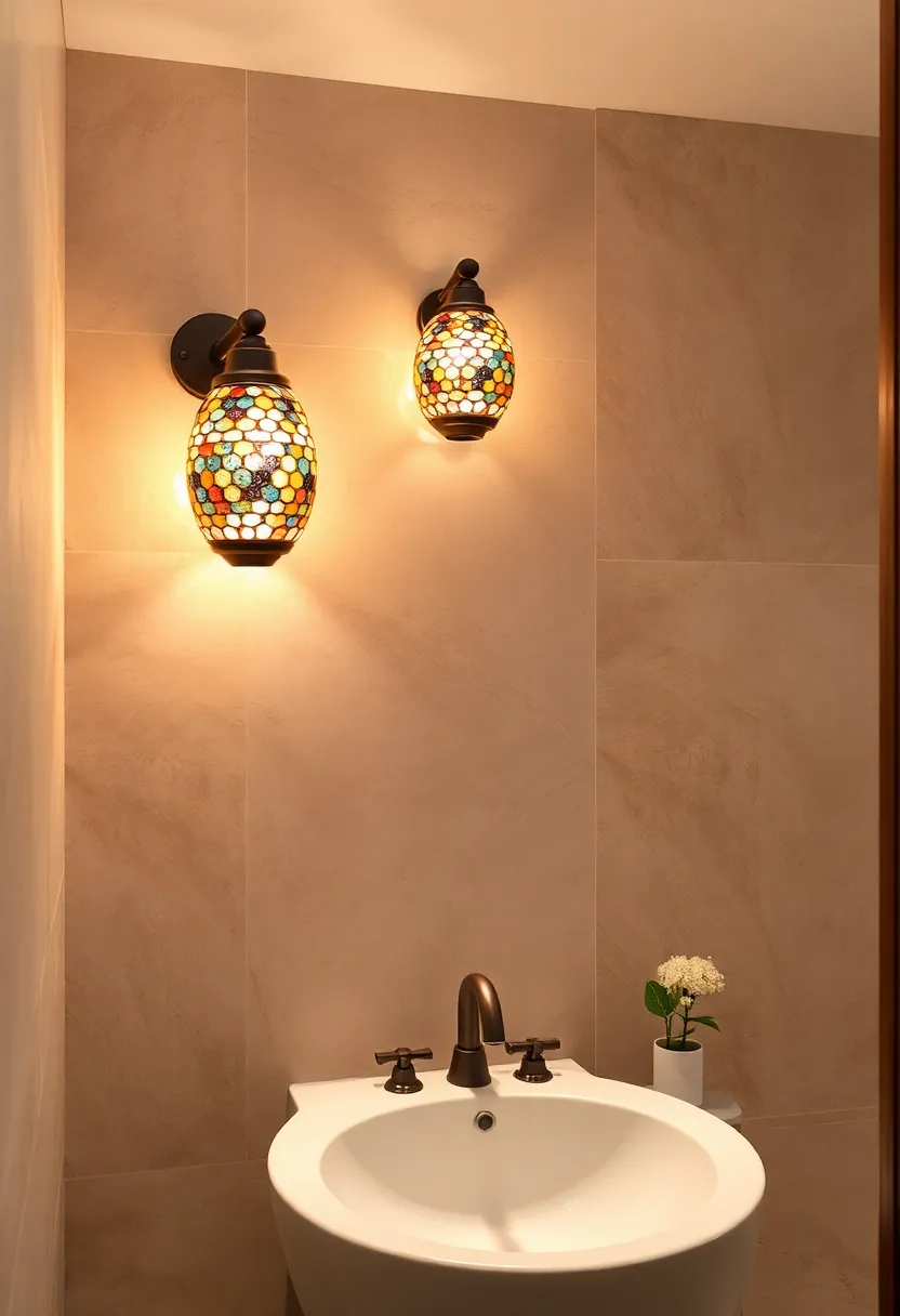 Decorative mosaic Glass sconce: Colorful mosaic patterns transform light into captivating patterns ⁤on powder room‌ walls