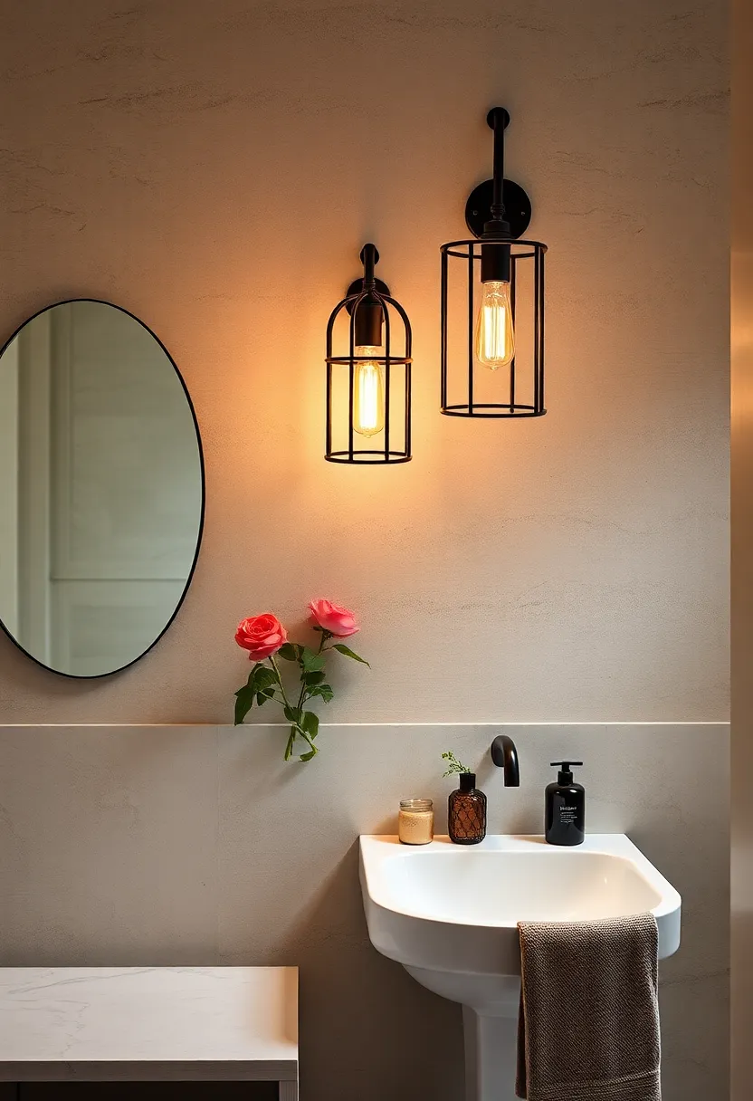 Industrial Cage Sconce: Metal cage details and Edison bulbs bring an edgy, urban vibe perfect for loft-style bathrooms